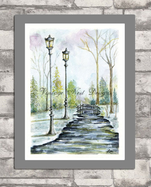 Digital Print A Walk in the Park No.1 Watercolor Painting Instant Download
