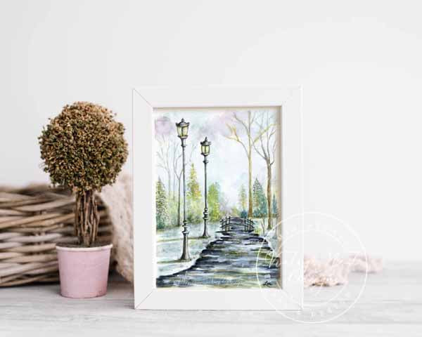 Digital Print A Walk in the Park No.1 Watercolor Painting Instant Download