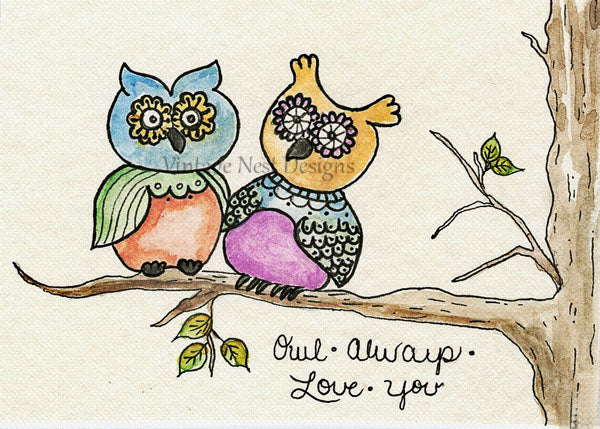 Peinture aquarelle Hibou Je t'aimerai toujours No.1 ACEO Impression numérique Téléchargement instantané