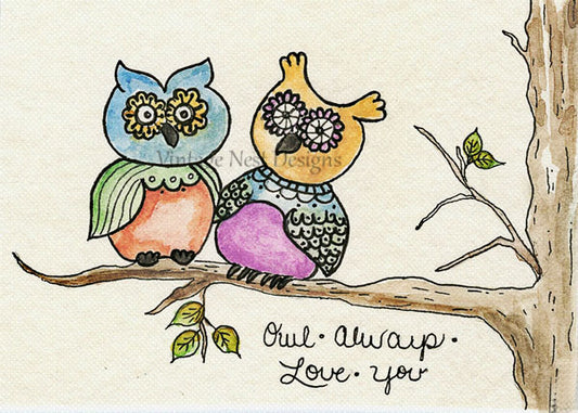 Digital Print Owl Always Love You No.1 ACEO Watercolor Painting Instant Download