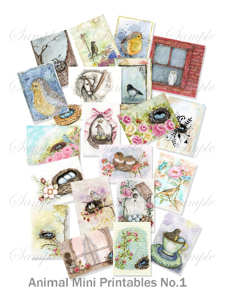 Collection of animal-themed mini printables with various designs on a white background.