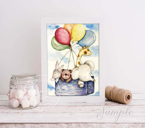 Digital Prints Animals & Balloons Watercolor Painting