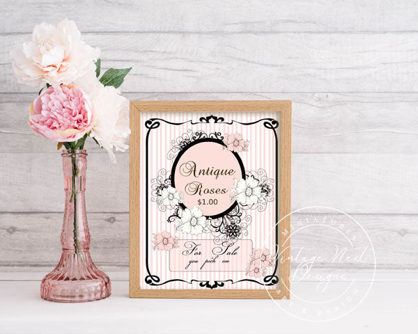 Digital Print Antique Roses Sign No.1 Dollhouse Miniature Instant Download