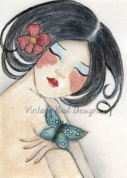 Digital Print Asian Woman No.1 Watercolor Painting Instant Download