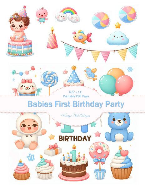 Illustrations of baby-themed birthday party elements on a white background