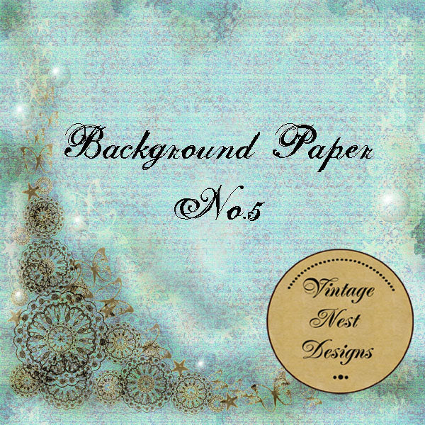 Decorative background paper with lace designs and 'Vintage Nest Designs' label on a teal and gold gradient.