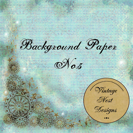 Decorative background paper with lace designs and 'Vintage Nest Designs' label on a teal and gold gradient.