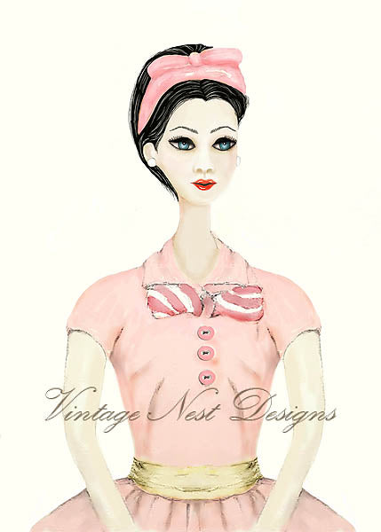 Vintage-style fashion illustration of a woman with dark hair in a pink bow headband, wearing a pink dress with a bow at the collar, pink buttons, and a gold belt, on a cream background with the text 'Vintage Nest Designs' across the lower portion.