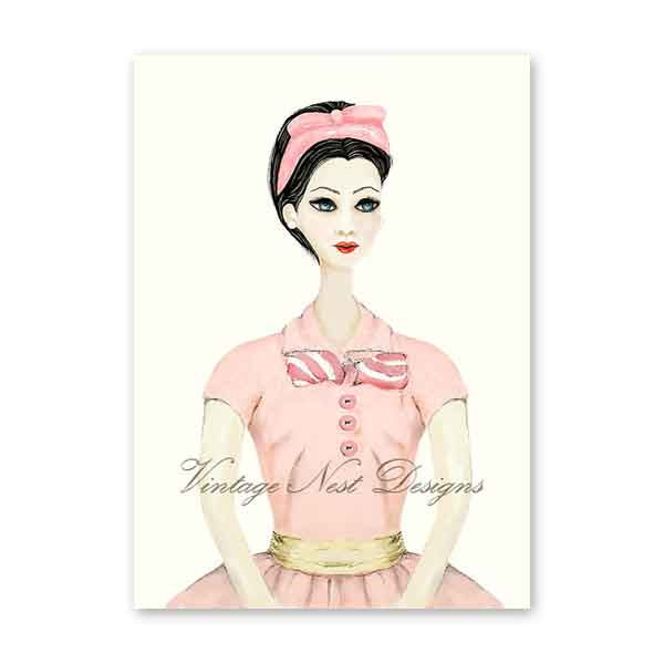 A vintage-style fashion illustration print featuring a woman in a pink dress and matching headband, with the text 'Vintage Nest Designs' across the lower portion, shown on a white background.