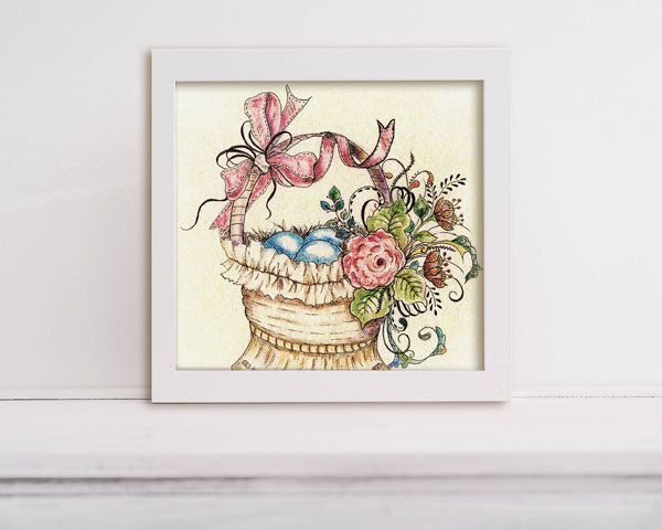 Digital Print Basket of Flowers No.4 Watercolor Painting Miniature Instant Download
