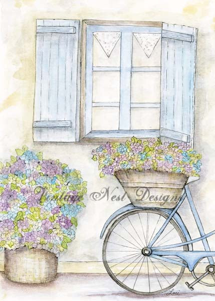Digital Print Bicycle & Flowers No.1 Watercolor Painting Instant Download