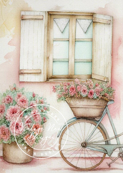 Digital Prints Bicycle & Flowers No.2 Watercolor Painting Instant Download