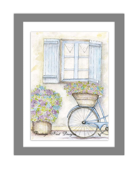 Digital Print Bicycle & Flowers No.1 Watercolor Painting Instant Download