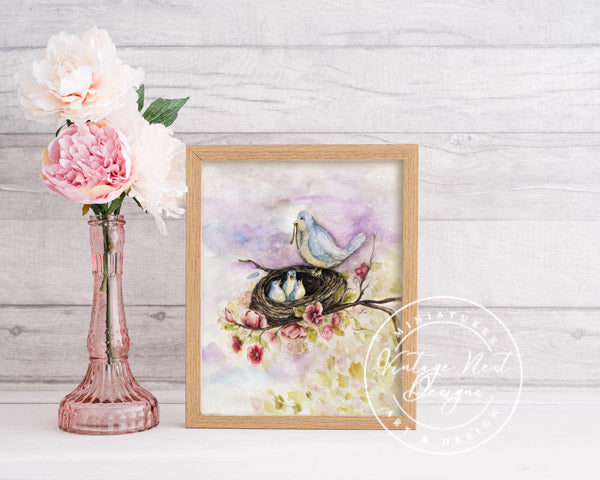 Digital Print Bird Nest Roses No.6 Watercolor Instant Download