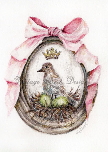 Digital Print Bird Nest Green Eggs No.1 ACEO Watercolor Painting Instant Download