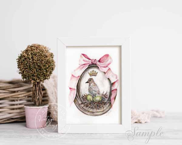 Digital Print Bird Nest Green Eggs No.1 ACEO Watercolor Painting Instant Download