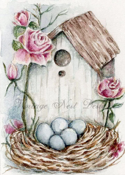 Impression numérique Nid d'oiseau Roses No.6:1 Peinture aquarelle ACEO Téléchargement instantané