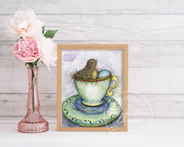 Digital Prints Bird Nest in Tea Cup No.1 Watercolor Painting Instant Download