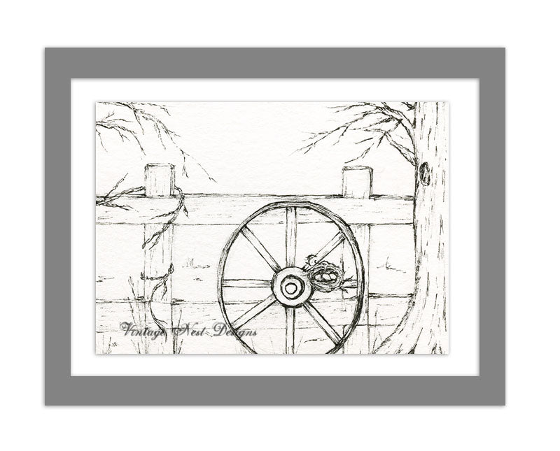 Digital Print Bird Nest Wagon Wheel No.1 Pen & Ink Instant Download