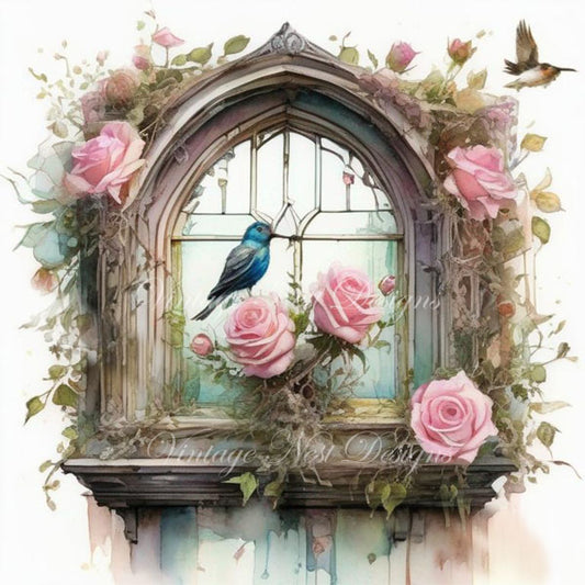 Digital Print Bird Nest Window No.1 Illustration Instant Download