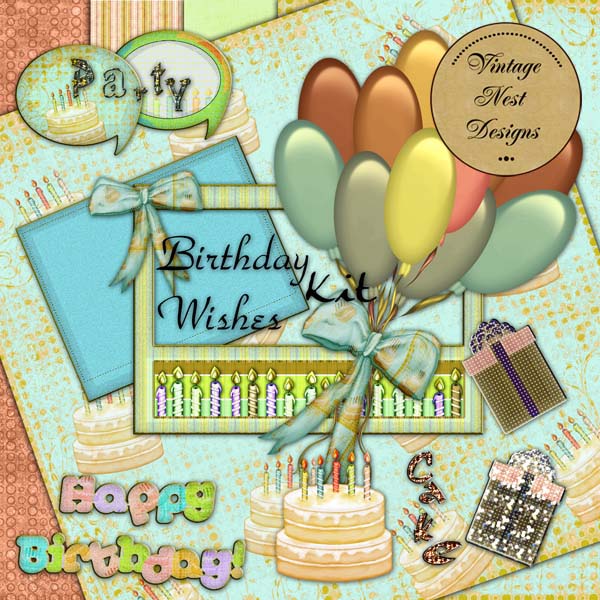 Kit d'impressions numériques pour scrapbooking avec illustrations de vœux d'anniversaire