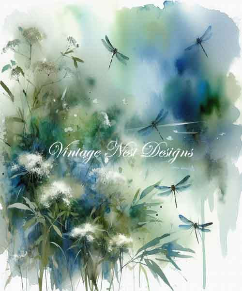 Digital Prints Flowers & Dragonflies Watercolor Painting Instant Download
