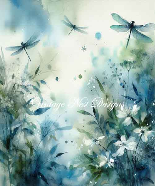 Digital Prints Flowers & Dragonflies Watercolor Painting Instant Download