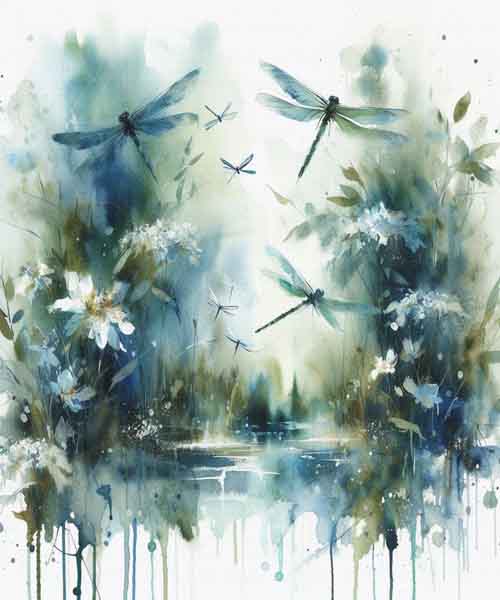 Digital Prints Flowers & Dragonflies Watercolor Painting Instant Download