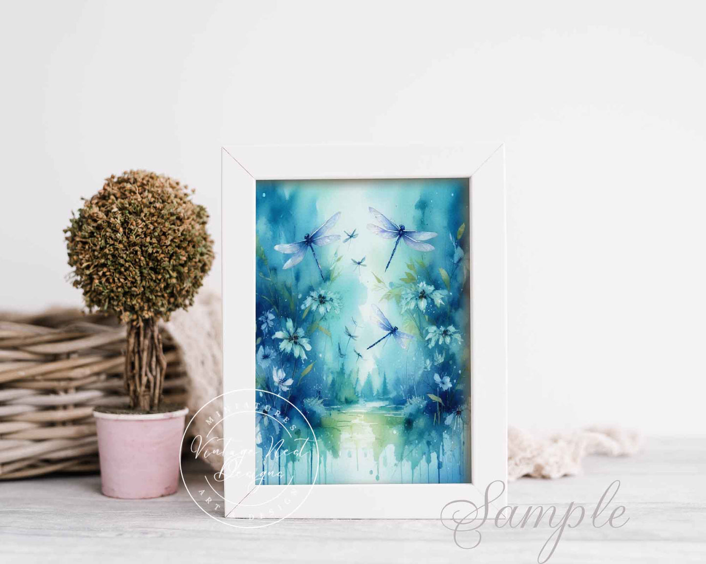 Digital Prints Flowers & Dragonflies Watercolor Painting Instant Download