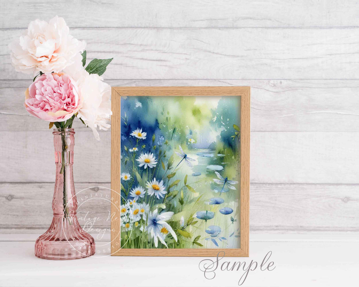 Digital Prints Flowers & Dragonflies Watercolor Painting Instant Download