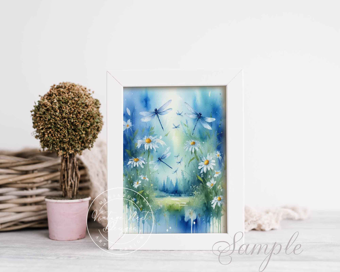 Digital Prints Flowers & Dragonflies Watercolor Painting Instant Download