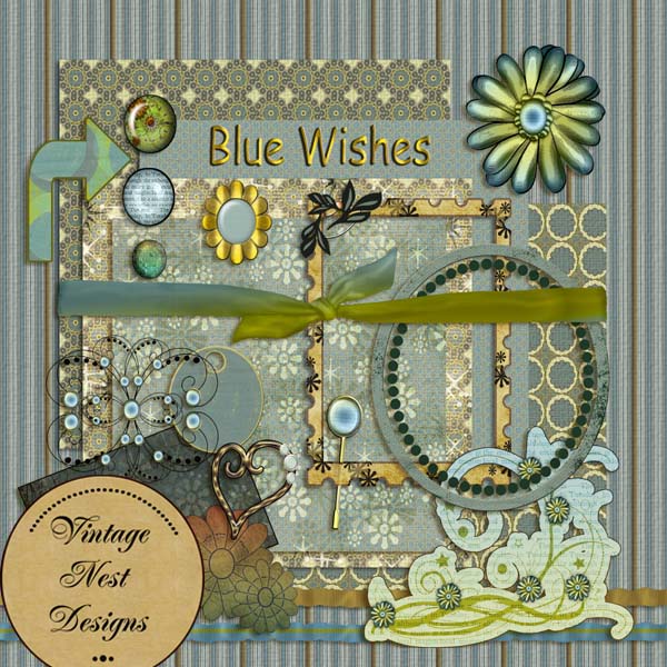 Digital Scrapbooking Blue Wishes Kit Instant Download