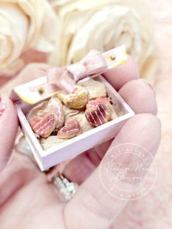 Miniature Box of Valentine Cookies No.1 Pink Wood Diorama Shadow Box