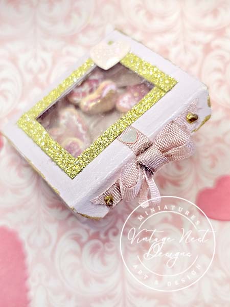 Miniature Box of Valentine Cookies No.1 Pink Wood Diorama Shadow Box