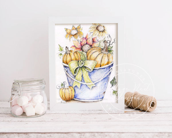 Digital Print Bucket of Pumpkins No.2 Watercolor Painting Instant Download