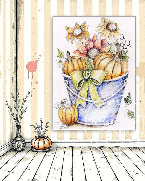 Digital Print Bucket of Pumpkins No.2 Watercolor Painting Instant Download