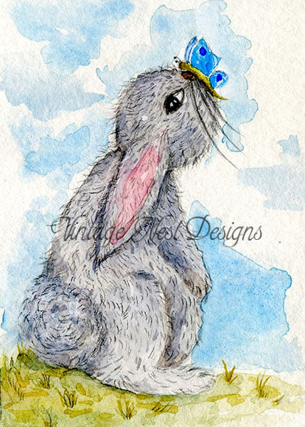 Impression numérique Lapin & Papillon n°1, Peinture aquarelle ACEO, Téléchargement instantané