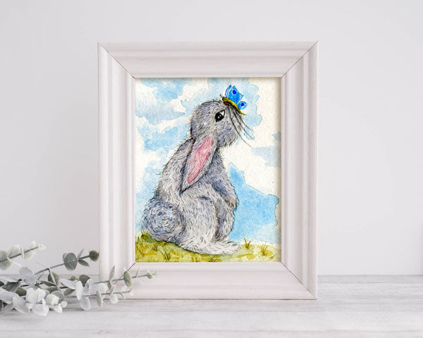 Impression numérique Lapin & Papillon n°1, Peinture aquarelle ACEO, Téléchargement instantané