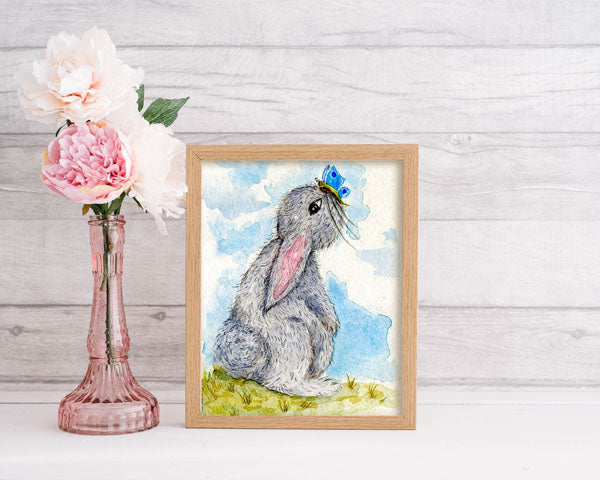 Impression numérique Lapin & Papillon n°1, Peinture aquarelle ACEO, Téléchargement instantané