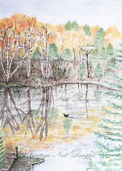 Digital Print Cabin at the Lake No.1 Watercolor Painting Instant Download