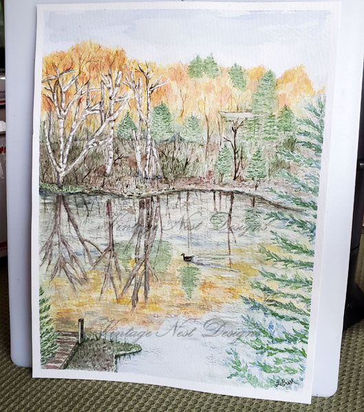 Cabane au bord du lac n° 1 Impression numérique Peinture aquarelle