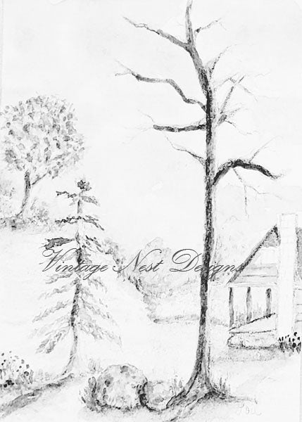 Digital Print Cabin in the Woods No.3 Pencil Drawing Instant Download