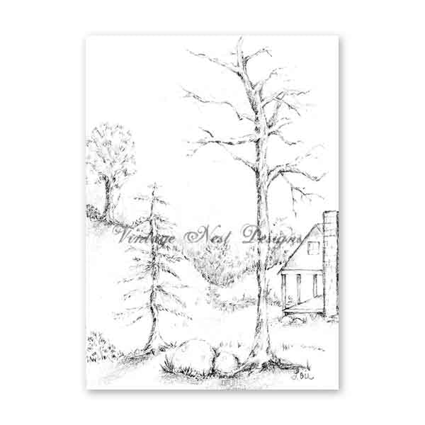Digital Print Cabin in the Woods No.3 Pencil Drawing Instant Download
