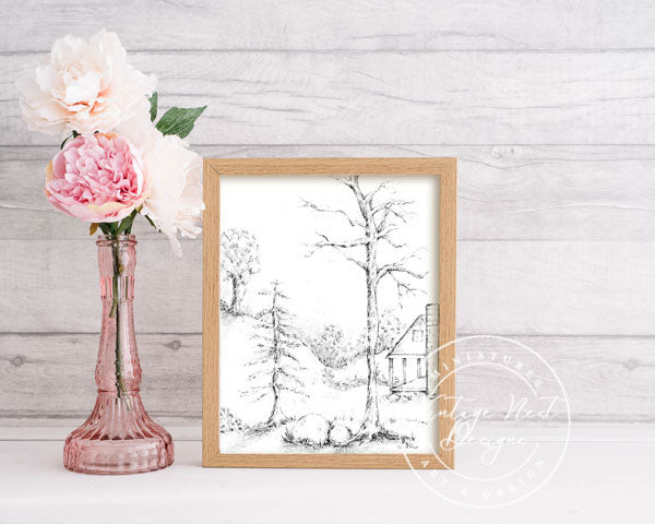 Digital Print Cabin in the Woods No.3 Pencil Drawing Instant Download