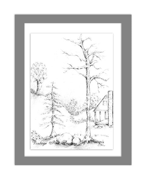 Digital Print Cabin in the Woods No.3 Pencil Drawing Instant Download