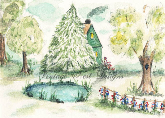 Digital Print Cabin in the Woods No.2 ACEO Watercolor Painting Instant Download