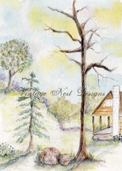 Digital Print Cabin in the Woods No.3 ACEO Watercolor Painting Instant Download
