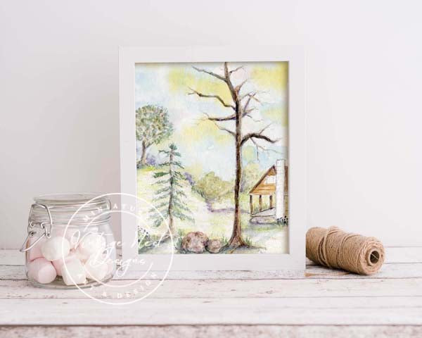 Digital Print Cabin in the Woods No.3 ACEO Watercolor Painting Instant Download