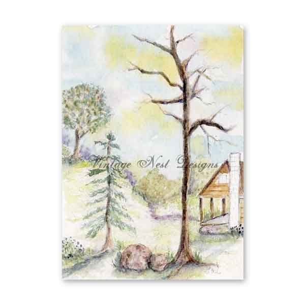 Digital Print Cabin in the Woods No.3 ACEO Watercolor Painting Instant Download
