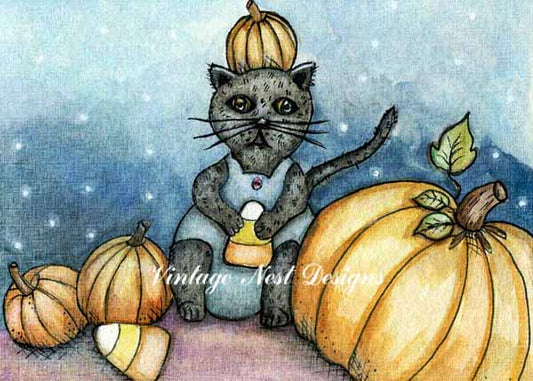 Digital Print Candy Corn Kitty No.1 Watercolor Painting Instant Download